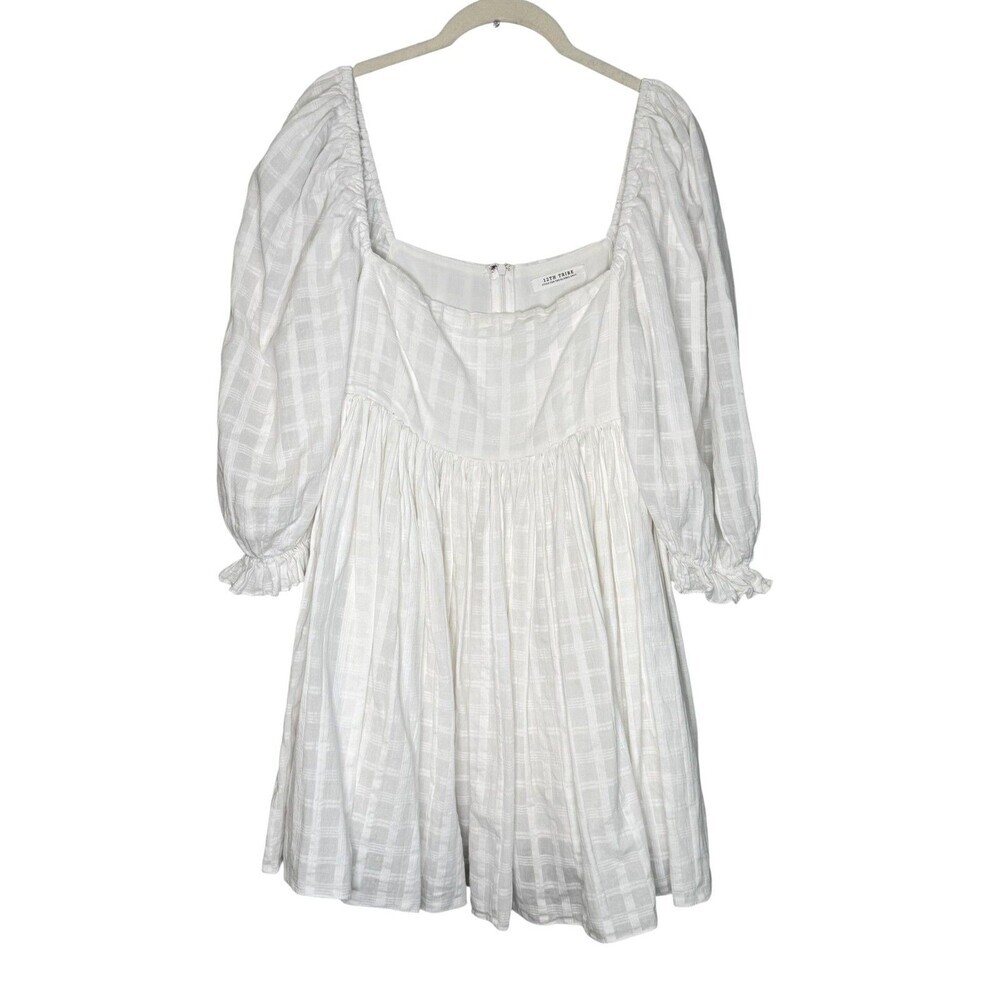 12th Tribe Dress Womens Medium White Check Puff Sleeve Square Neck Mini Boho